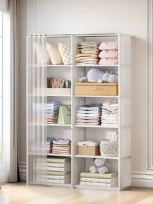 White Dustproof Wardrobe, 2 Rows Of 6 Storage Layers, 155 X 80 X 28 Cm - White - View 1