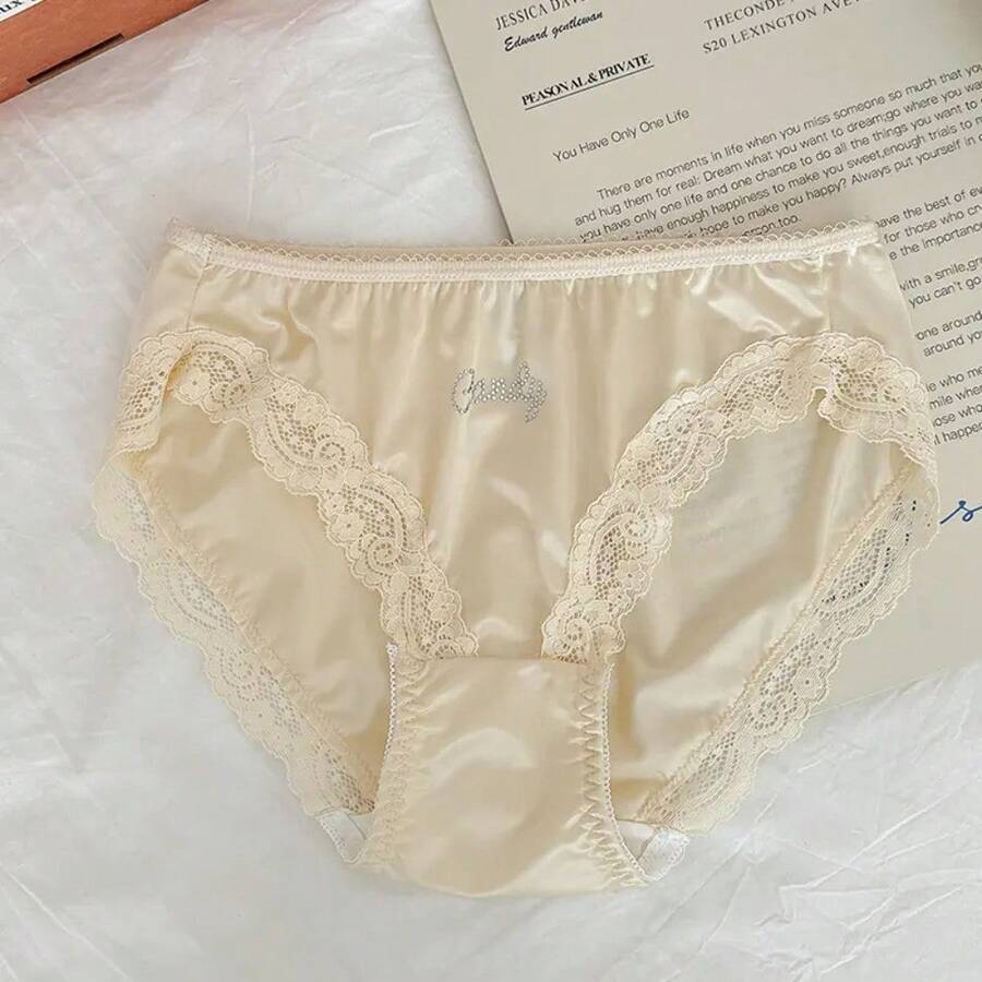 [Free Shipping] 3Pcs Bestie Shiny Dainty Rhinestone Panties~Sexy Lace Sweet Girly Panties, Cream Hues Comfortable Soft Skin-Friendly Briefs, Silky Satin Mid-Waisted Breathable Cotton Crotch Briefs.Valentine's Day Sexy Lace Panties For Women - Mature & Elegant Style - 膚色 - 查看 1