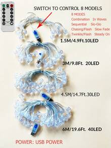 1件 3/6/10米 USB供電 8種燈光模式 透明球串燈 附遙控器，適用於室內家居裝飾、女孩房裝飾、牆面裝飾、戶外露台裝飾、婚禮派對節日裝飾、LED仙女燈、露營帳篷裝飾燈 - 氣泡球 - 查看 12