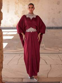 Faeriesty Hochwertiges Abendkleid, Stehkragen Fledermausärmel Design, luxuriöses Bankett-Kleid, geeignet als Hochzeitsgast-Outfit für Partys - Bordeaux - Übersicht 9
