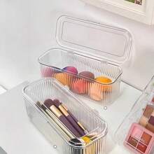 Porta-pincéis de maquiagem transparente de acrílico com tampa, grande capacidade, caixa organizadora de cosméticos com listras verticais, recipiente para maquiagem à prova de poeira, ideal para penteadeira, banheiro, quarto, presente perfeito para amantes de maquiagem. - Multicolorido - Ver 3