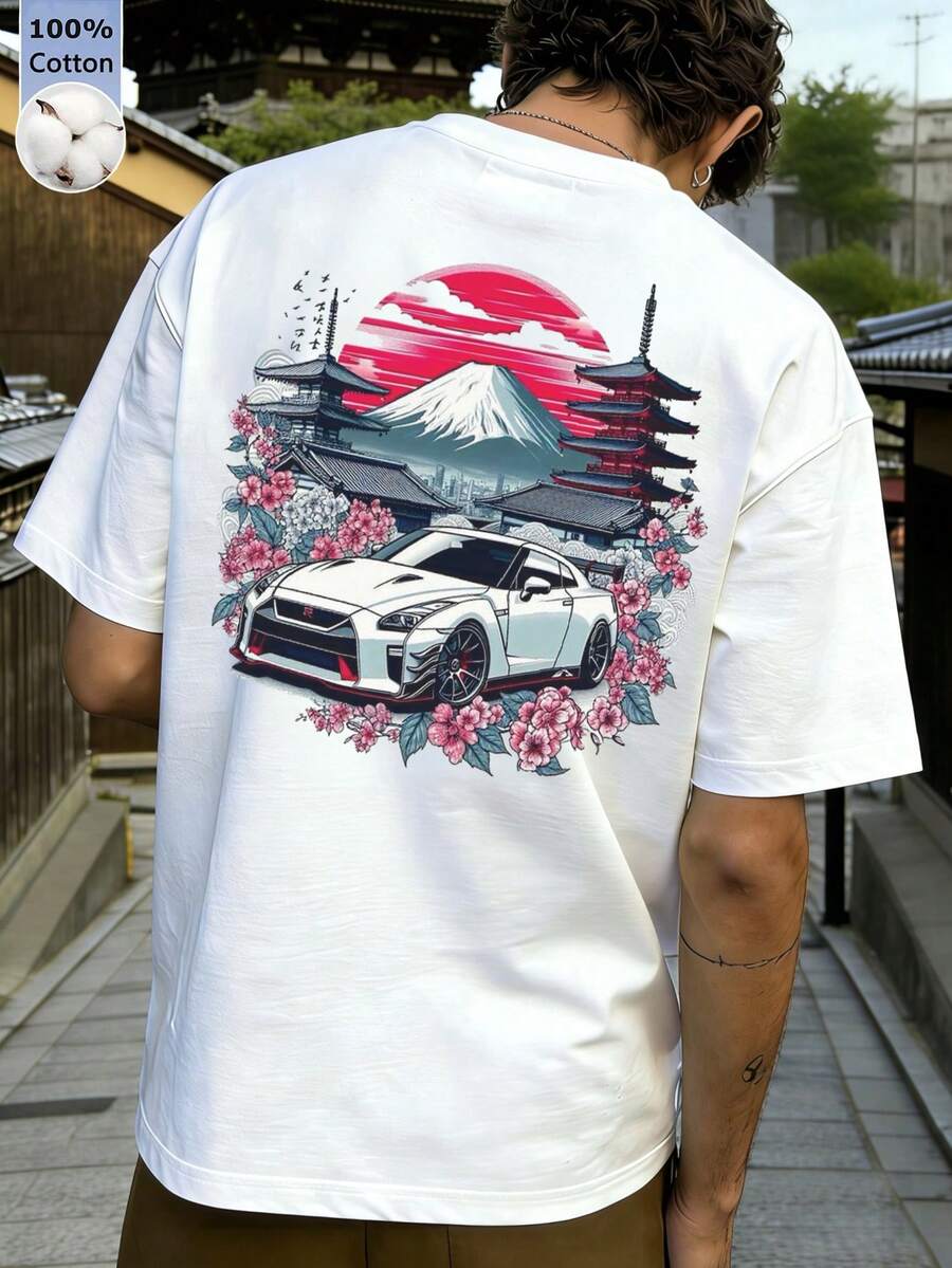 Maglietta sportiva casual estiva, stampa grafica di auto da corsa giapponese, morbida, traspirante e alla moda, a maniche corte per uomo - Bianco - Visualizzare 1