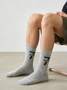 1 par de calcetines medianos gris y negro con patrón numérico 67, versátiles para todas las estaciones - Multicolor - Ver 6