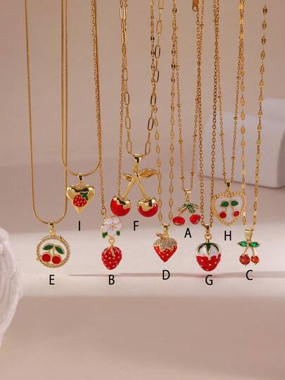 GEREIT 1 chiếc dây chuyền mặt dây chuyền hình quả dâu tây màu đỏ anh đào bằng thép không gỉ mạ vàng 18K, đính đá Zirconia, có thể điều chỉnh độ dài, phù hợp cho nữ giới đeo hàng ngày, dự tiệc và đi nghỉ mát.