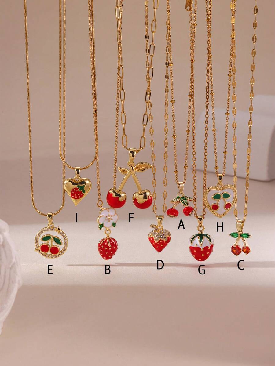 GEREIT 1 chiếc dây chuyền mặt dây chuyền hình quả dâu tây màu đỏ anh đào bằng thép không gỉ mạ vàng 18K, đính đá Zirconia, có thể điều chỉnh độ dài, phù hợp cho nữ giới đeo hàng ngày, dự tiệc và đi nghỉ mát. - Vàng - Xem 1