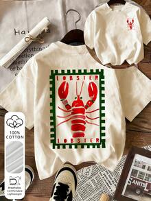 This Loose Drop-Shoulder Cotton Tee Has A Lobster Stamp Print. Retro Preppy Style, Comfy And Ideal For Daily Commutes And Leisure Outings. Casual - Apricot - View 5