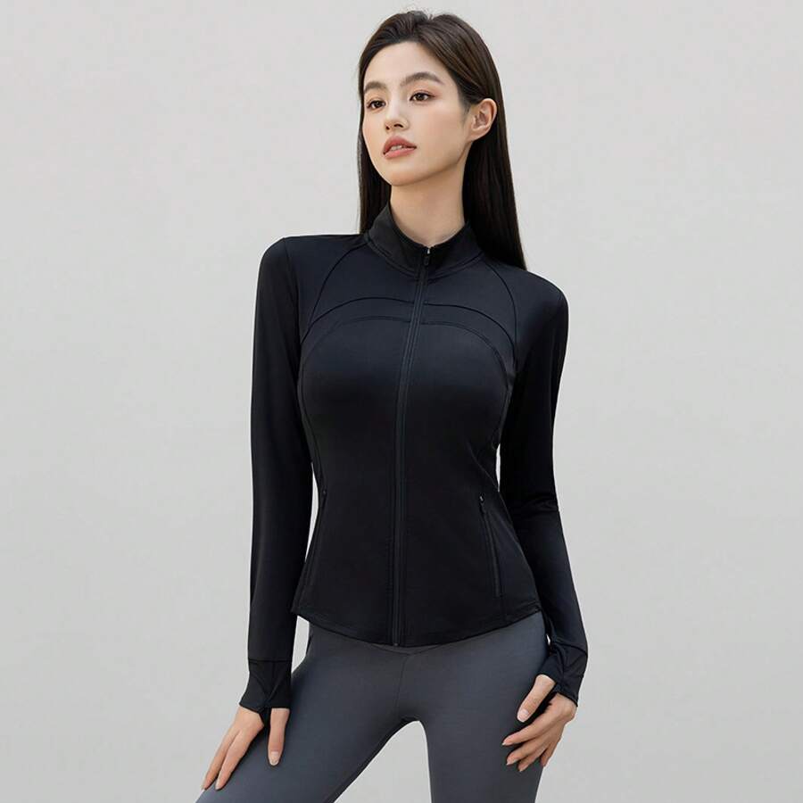 Women's Sun Protection Clothing, New Summer Model, High Collar, Breathable And Fitted Yoga Jacket, Cooling Effect Sun Protection Jacket For Outdoor Use - 黑色[拉鍊口袋升級款] - 查看 1