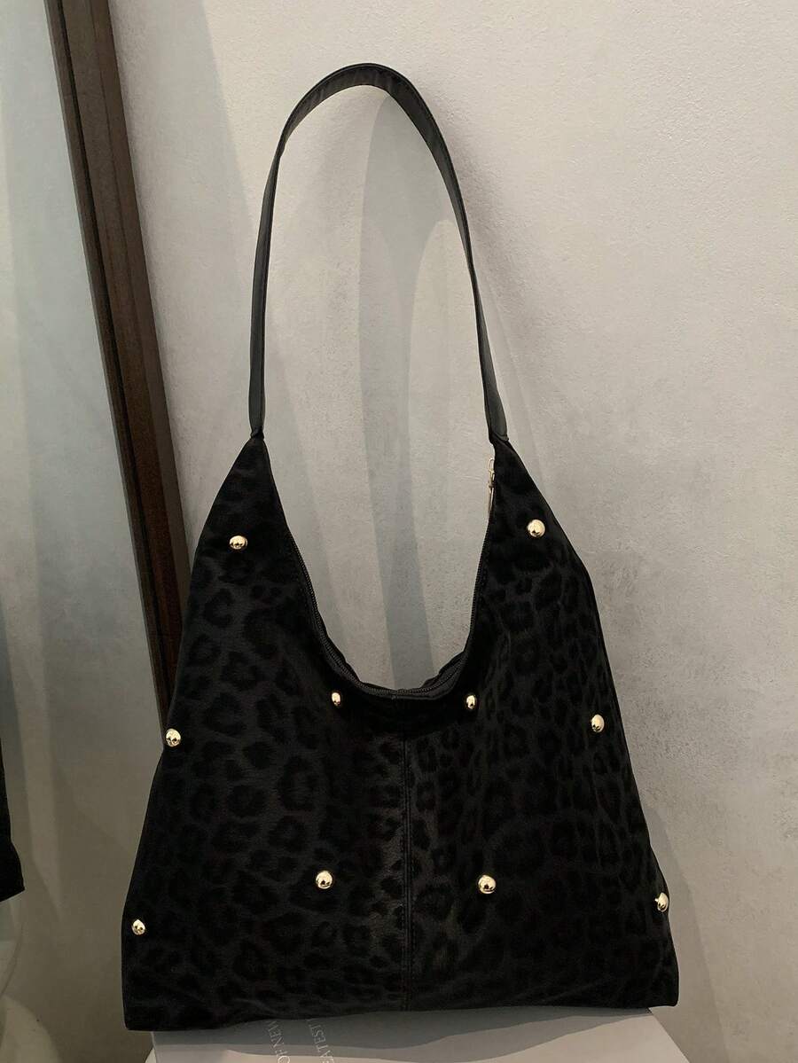 2025 Fashion Matte Solid Color Punk Rivet Commuter Tote Bag, Minimalist Niche Underarm Bag, Large Capacity Shoulder Bag - Black - View 1