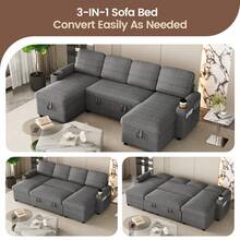 Corner Sofa Bed, U-Shaped Sleeper Sectional Couch Bed, 3-In-1 Corduroy Convertible Pull Out Sofa Bed With Adjustable Backrest, Storage And Cup Holder For Living Room, Dark Grey - 4-seater U-shaped Corduroy Dark Gray - View 9