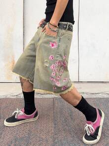 1pc Vintage Distressed Embroidered Ripped Infinite Jeans, Loose Comfortable Wide Leg Casual Denim Shorts For Men, Summer Versatile (Excluding Belt And Accessories) - Blue - View 8