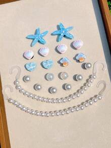 20pcs Blue Sequin Starfish, Colorful Shells, Pearl Chains, Water Ripple Heart ABS Resin Shoe Charms DIY Detachable - Personalized Footwear Style - Blue - View 7
