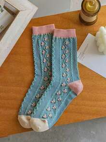 2/4 双装新款秋冬郁金香花卉系列百搭女士中筒袜 - 白色 - 查看 2