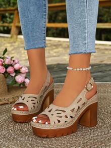1 Pair New Comfortable Versatile High Heel Thin Sandals, Suitable For Going Out, Vacation, Party Wear - Beige - View 4