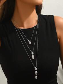 1pc Copper Inlaid Zirconia Teardrop Multi-Layer Necklace, Fashionable INS Style Daily Wear Gift For Women - Multicolor - View 5