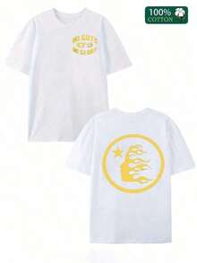 Double-Sided Digital Flame Face Printed T-Shirt With "" Motif Breathable T-Shirt |   Avant-Garde Casual Wear 1Pcs Casual Soft Short Sleeve Pure 100% Cotton 220gsm ETLF - 白色 4 - 查看 13