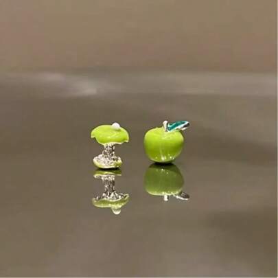 1 Pair Cute Fresh Green Apple Stud Earrings, Women's Ear Cuff, Unique Fruit Earrings, 925 Silver Earring Studs, Gift For Girls