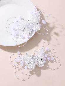 2 piezas Elegantes Pasadores de Cabello con Mariposa 3D Estilo Francés con Decoración de Perlas y Malla, Adecuados para Uso Diario, Fiesta y Ocasiones Formales - Multicolor - Ver 6