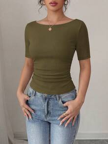 PRETTYGARDEN Womens Summer Short Sleeve Tops Boat Neck Ribbed Knit Slim Fit T Shirt Casual Basic Top Y2K Clothes - 軍綠 - 查看 6