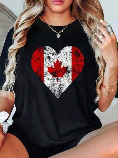 Canada Heart Flag Vintage Canadian Maple Leaf T-Shirt - 100% Cotton Spring/Autumn Maple Leaf Thanksgiving Halloween Short-Sleeved Round-Neck Shirt