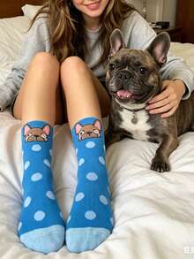 5 đôi tất cổ ngắn nữ in hình chó Bulldog, kiểu dáng thường ngày, đa năng. - Nhiều màu - Xem 2