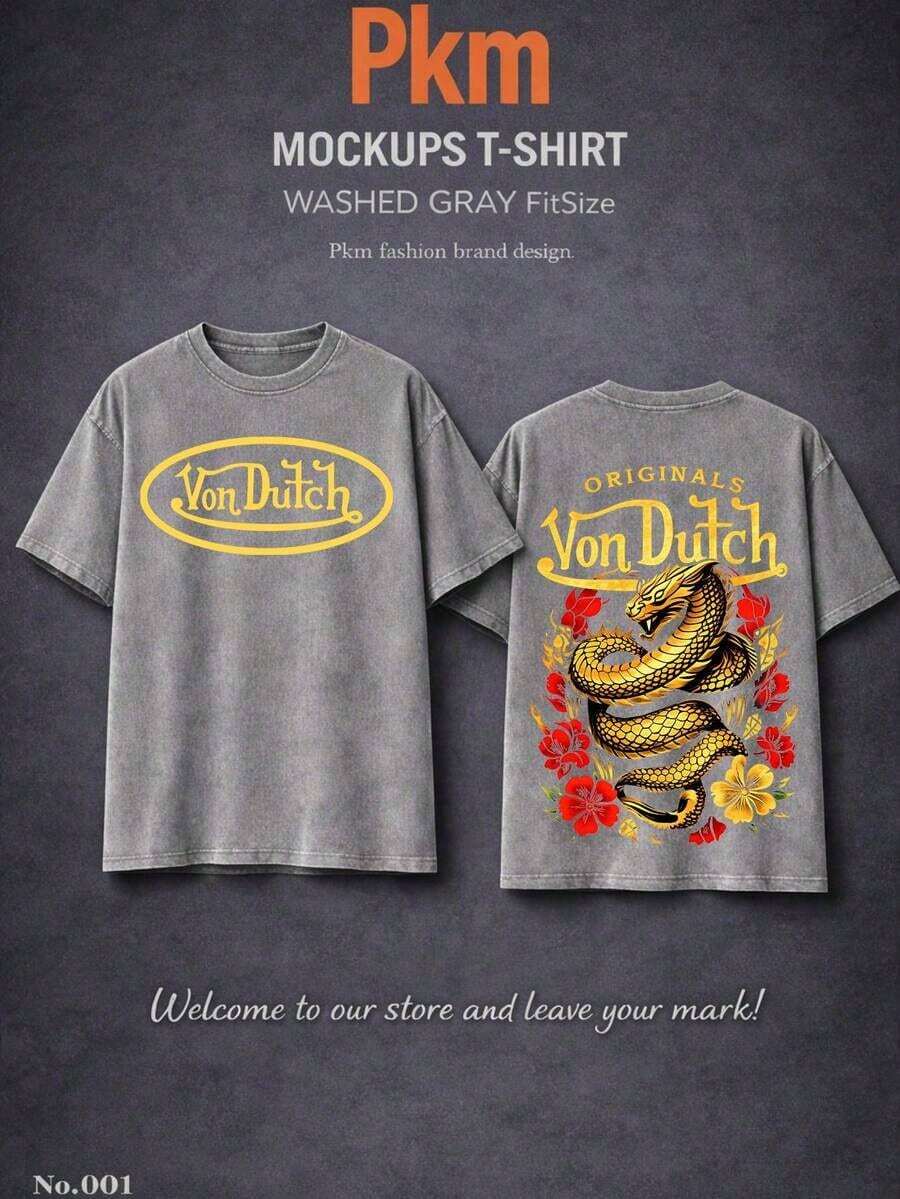 Women's Graphic Tee Men Washed Cotton Streetwear Brand Originals Vons Dutchs Snake And Clover Print Casual Tee For Daily Wear Doors | Front And Back Print | Vintage Heavyweight T Shirt | Perfect Gift | Loose Comfortable Breathable | Machine Washable Fabric | Hip Hop Cool Style | Drippy Clothes | Y2KLoose And Comfortable Camiseta Playeras Para Mujer Summer Clothes - Màu xám 2 - Xem 1