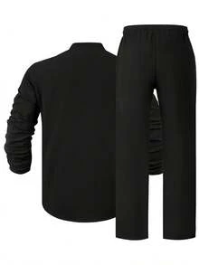 Men's Linen Casual 2 Piece Outfits Long Sleeve Lapel Shirt & Long Pants Set Loose Fit V Neck Tops Breathable Beach Vacation Daily Streetwear Arrival - 黑色 - 查看 7