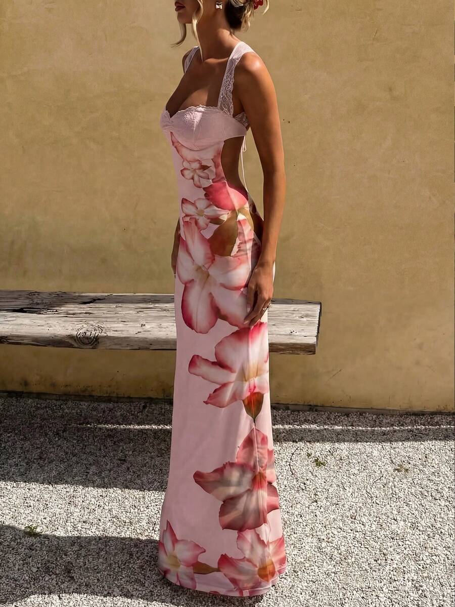 优雅浪漫性感休闲度假约会碎花蕾丝连衣裙，夏季连衣裙，女士优雅连衣裙，休闲长裙，夏季度假装扮，碎花连衣裙 - 粉色 - 查看 1