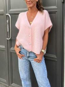 Women's Casual Loose Knit Sweater, Pink, Suitable For Spring, Summer And Autumn. Holiday Edition With Delicate Buttons, V-Neck Cardigan Vest, Minimalist And Versatile - Baby Pink - View 3