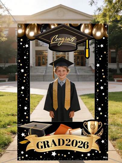 2026 Graduation Party Photo Backdrop Decor, 2026 Graduation Party Photo Props, Congratulations Graduation Background, 2026 Gold And Black Graduation Party Decorations, Suitable For Children, High School And College