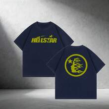 Men's Soft Breathable 100% Cotton Graphic Tee Flame Star Print Casual Streetwear For Everyday Wear Summer 2026 - 藏青色 - 查看 1