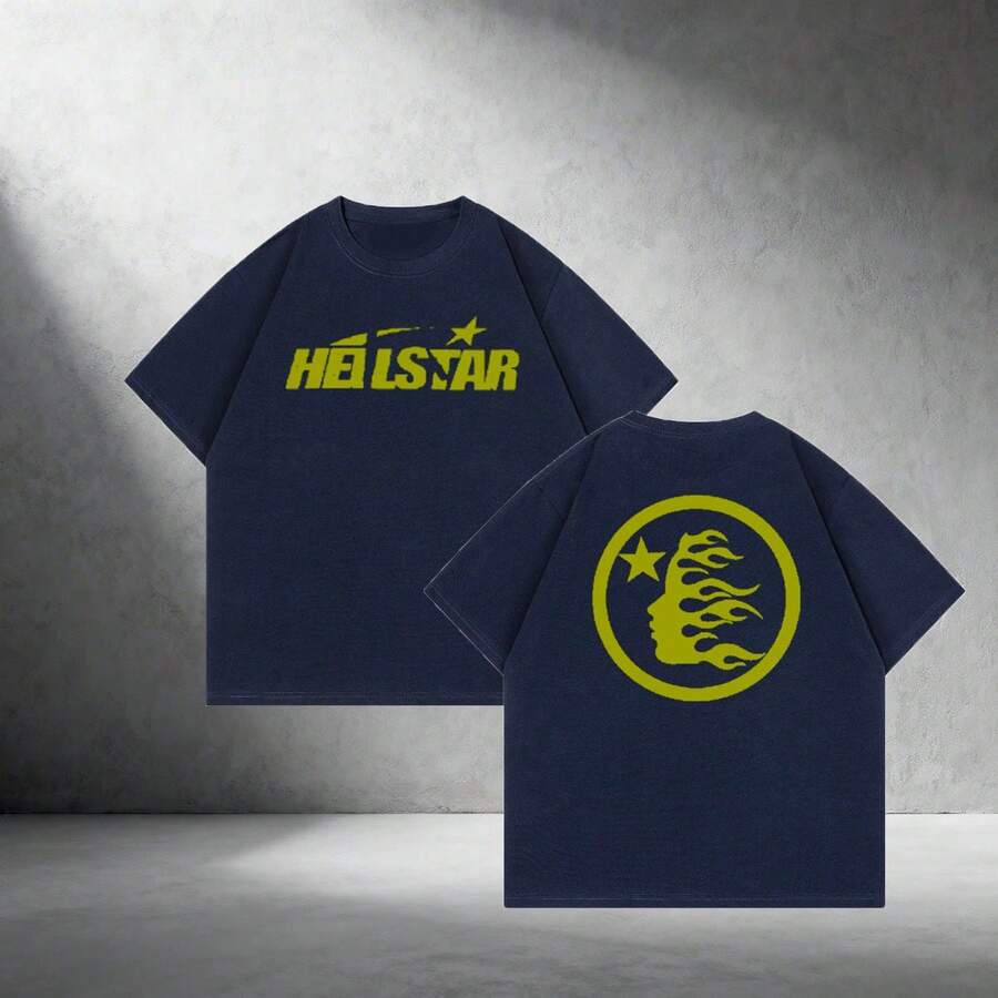 Men's Soft Breathable 100% Cotton Graphic Tee Flame Star Print Casual Streetwear For Everyday Wear Summer 2026 - 藏青色 - 查看 1