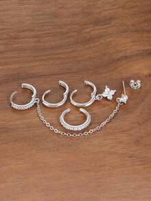 4 PIEZAS Conjunto de pendientes de aro redondo con circonita brillante para mujeres, pendientes de cadena con borla única y de moda, pendientes de clip sin perforación para vestir en días festivos, regalos - 4 PIEZAS - Plateado - Ver 3