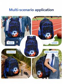 一套足球印花背包，大容量轻便背包，涤纶面料，拉链封口，旅行休闲背包，带侧袋，返校礼物 - A - 查看 8
