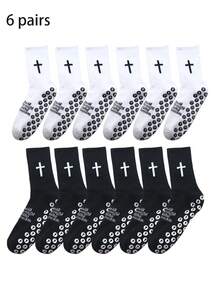 1/2/3/6 Pares de Calcetines Deportivos con Patrón de Cruz y Fútbol, Calcetines de Yoga/Baloncesto/Ciclismo, Calcetines Antideslizantes, Unisex, Para Todas las Estaciones - Multicolor - Ver 29