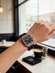 Guess Đồng hồ nữ thời trang chạy bằng pin thạch anh, vỏ thép không gỉ mạ cầu vồng, kim đen, mặt số đa chức năng, dây đeo silicon đen có vân, thiết kế kim chỉ giờ, món quà kỷ niệm/sinh nhật lý tưởng. - Nhiều màu - Xem 4
