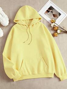 Women's Straw Yellow Cotton Top, Basic Loose-Fitting Hooded Sweatshirt, Spring/Summer Long-Sleeved Top With A Soft, Breathable, Drop-Shoulder Design. - Straw Yellow 2 - View 2