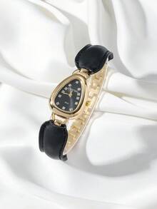 CARYINO 1pc Black & Gold Dual-Tone Classic Fashion Women's Square Wrist Watch, Vintage Leather & Steel Strap - Detachable, Women's Chain, High-End Style Suitable For Daily Wear, Parties, Galas - Black - View 5