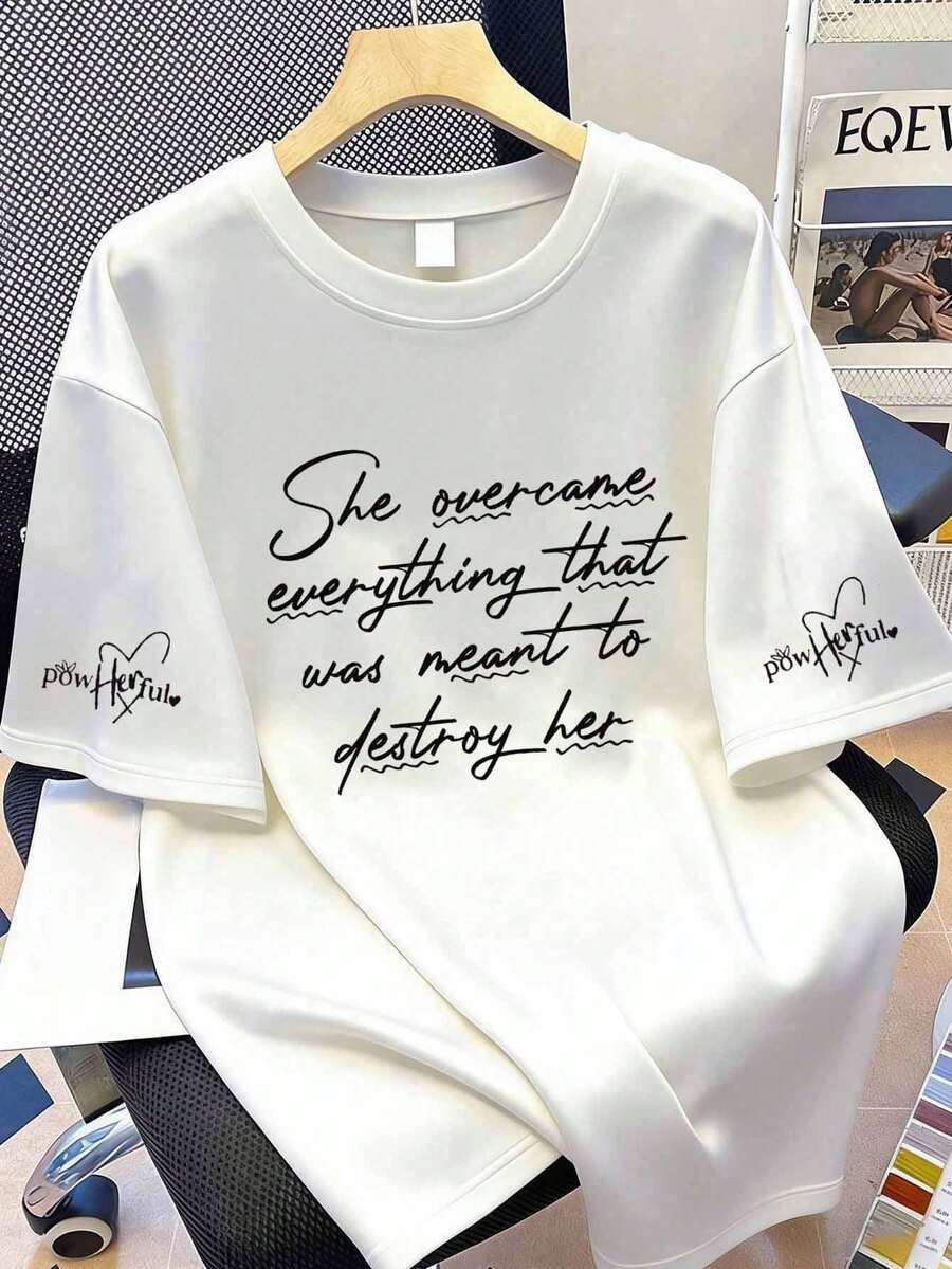 Printed Short Sleeve Casual Summer T-Shirt With Slogan - White - View 1