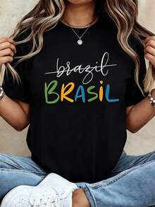 100% Brazilian-Style Printed Women's Black T-Shirt, Spring And Summer Short-Sleeve Crew Neck Casual Top, Women's Apparel Category, Soft Cotton Unisex Short-Sleeve Top, Stylish Top Made Of Lightweight And Soft Cotton Fabric, Versatile Daily Wear Style - 黑色 - 查看 1