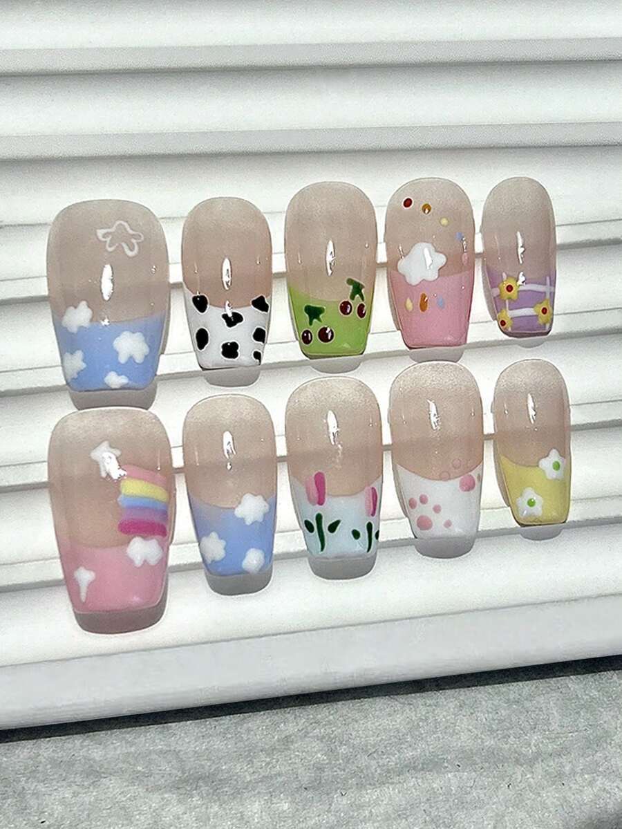 10片春季甜美可爱手工按压式美甲贴，花朵、云朵、樱桃图案，可重复使用的棺材形美甲贴，美甲用品（1张果冻贴+1个指甲锉） - 彩色 - 查看 1