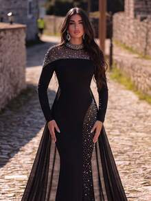 Faeriesty Elegant Knit Dress, With Stand Collar Long Sleeve, Mermaid Style Formal Evening Gown Party Wedding Black Fall - Black - View 3
