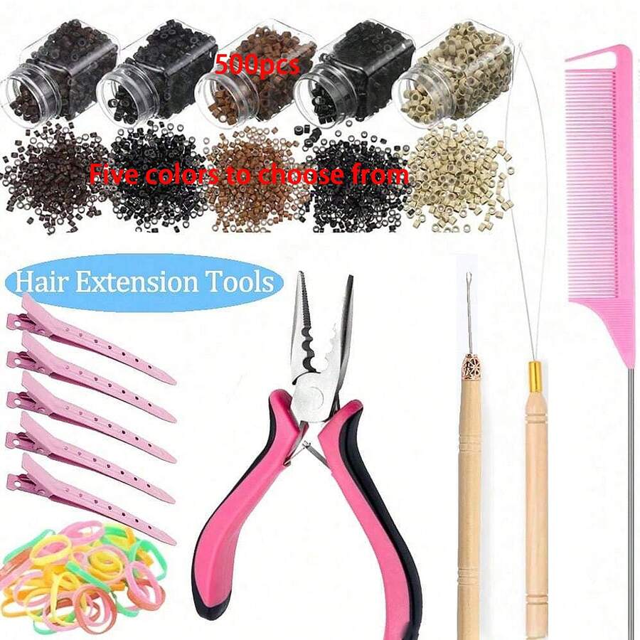 500Pcs Micro Rings Hair Extensions Tool Kit, 5 Colors Optional Silicone Micro Links Beads With Pliers, Pulling Needle, Comb, Clips & Rubber Bands, DIY Hair Extension Installation Tools Set For Salon Home Use - View 1