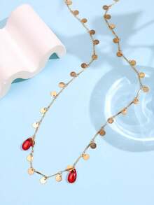 1件奢华优雅独特小众百搭金色圆盘星星和红色水滴脸链项链，女士日常、节日、派对珠宝礼品 - 彩色 - 查看 7