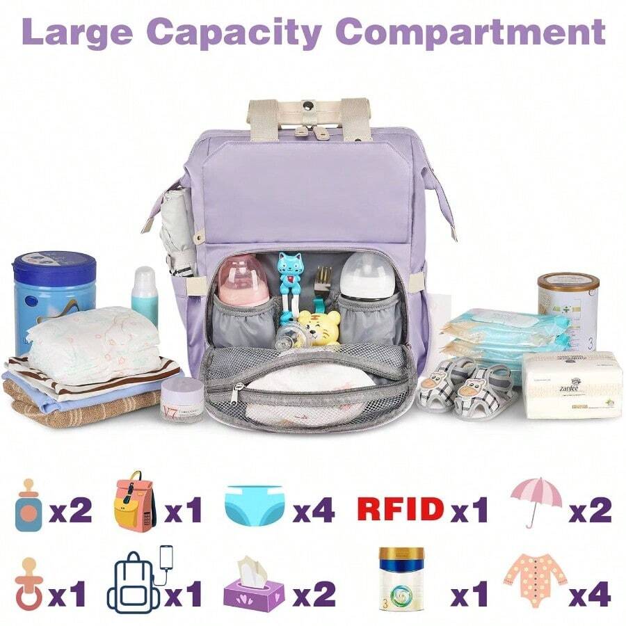 Diaper Bag Backpack, Pink Diaper Bag Mom, Travel Bags Backpack Women, Insulated Pockets Portable Diaper Bag With Charging Port, RFID Anti - Theft Pocket - Purple + 15.6inch - View 1