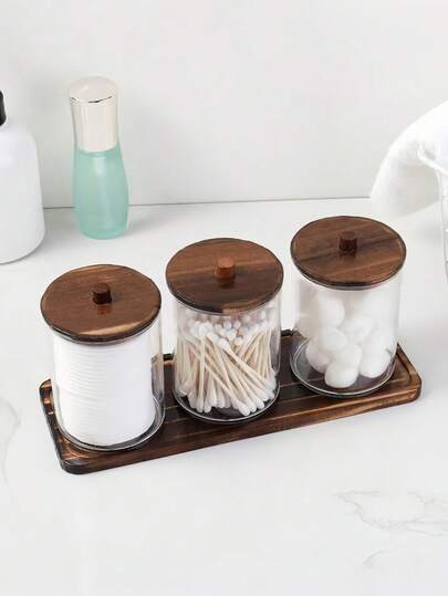 1个亚克力棉签盒，带竹盖，透明小棉签盒，塑料耳拭子盒，牙签收纳盒，浴室台面装饰收纳整理盒，收纳袋，整理盒，储物盒