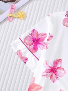 2pcs/Set Wearable Tween Girl Pajama Set, Hawaiian Floral Print, Soft Fabric, Short Sleeve Shirt With Collar & Button, Elastic Shorts, Cute & Fashionable Sleepwear For Holiday Party, Outdoor & Indoor Wear - White - View 7