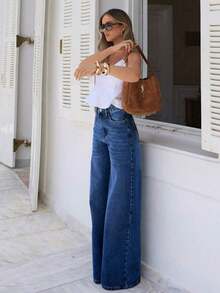 Women's Loose Straight Leg Jeans With Pockets, Casual Washed Denim Pants, Suitable For Summer Wear And Also A Must-Have Item For Halloween Spring - màu đen - Xem 10