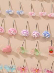 Set de 20 piezas de aretes con diseños de corazones, mariposas y flores de colores, adecuados para decoración diaria - Multicolor - Ver 3