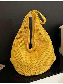 Large Capacity Crochet Shoulder Tote Bag - Lightweight, Multifunctional Knitted Handbag, Beige, Pink, Brown, Black, Suitable For Travel, Beach, Vacation And Daily Use, Large Tote Bag , Beach Bag , Crochet, Holiday, Yellow - 黃色 - 查看 9
