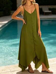 New Summer Style 2026 Sleeveless V Neck Irregular Cami Maxi Dress, Loose Loungewear Vacation Dress - 綠色 - 查看 2
